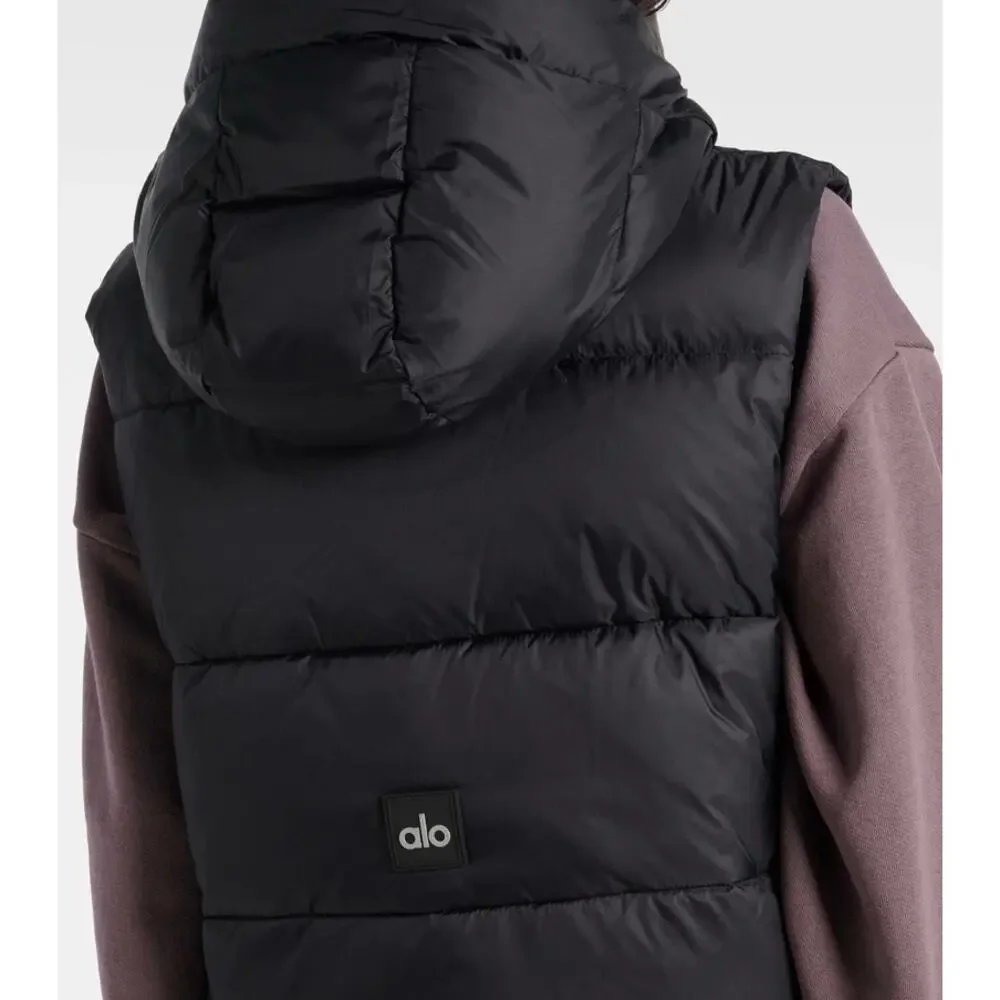 Alo Yoga Gold‎ Rush Puffer Vest Black Hooded Nylon Warm Athleisure Winter Core